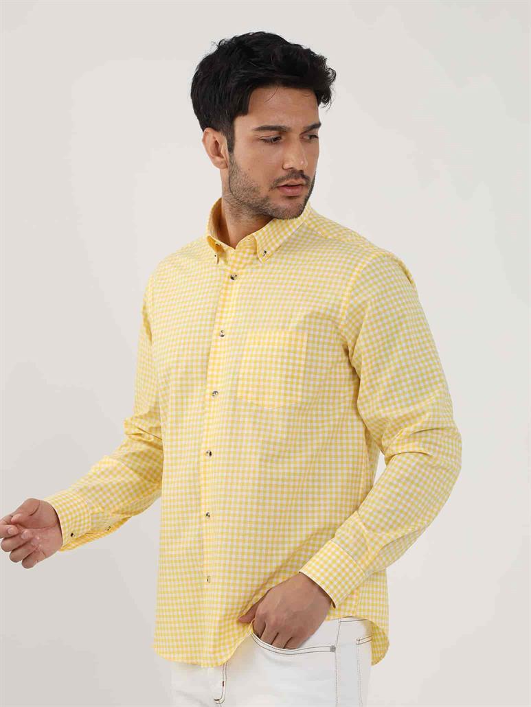 Sarı Erkek Regular Fit Kareli Brent Düğmeli Yaka Uzun Kol Gömlek 