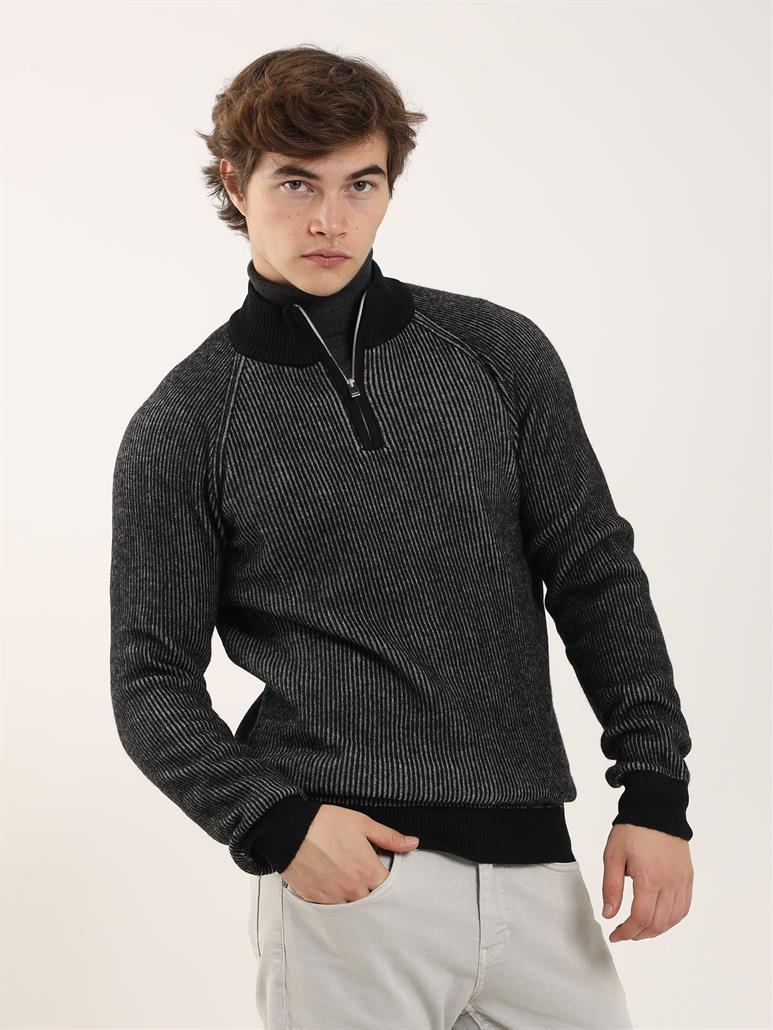 Siyah Erkek Regular Fit Dokulu Fermuarlı Dik Yaka Triko 