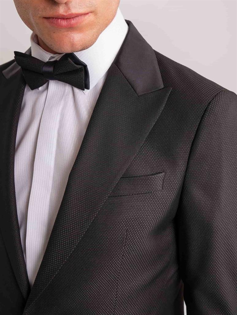 Siyah Erkek Modern Fit Armürlü Mono Yaka Smokin Takım 