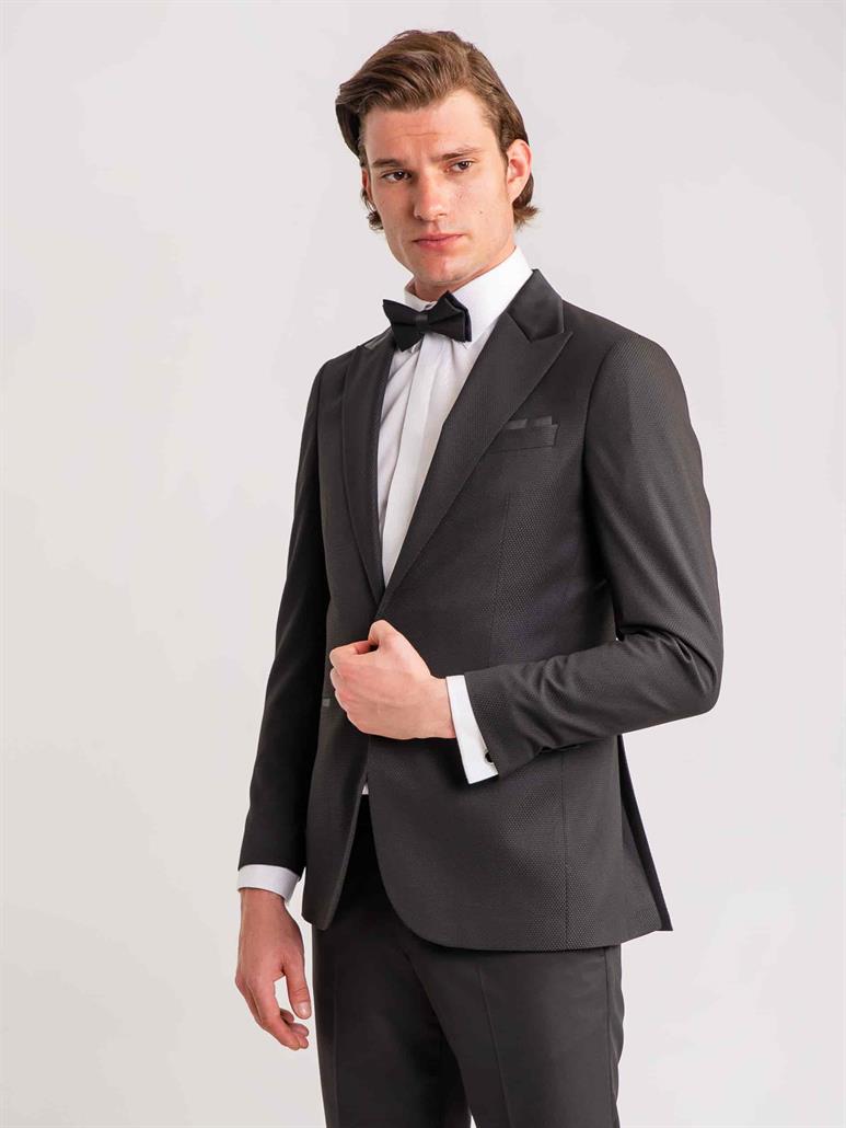 Siyah Erkek Modern Fit Armürlü Mono Yaka Smokin Takım 