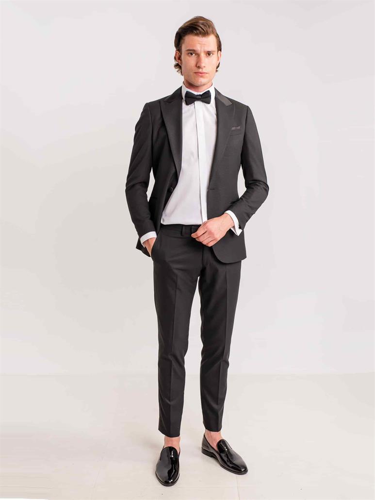 Siyah Erkek Modern Fit Armürlü Mono Yaka Smokin Takım 