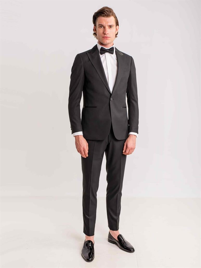 Siyah Erkek Modern Fit Armürlü Mono Yaka Smokin Takım 