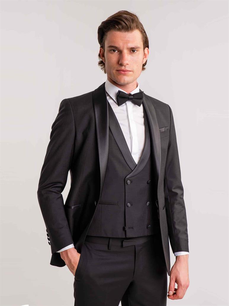 Siyah Erkek Modern Fit Çizgili Şal Yaka Smokin Takım 