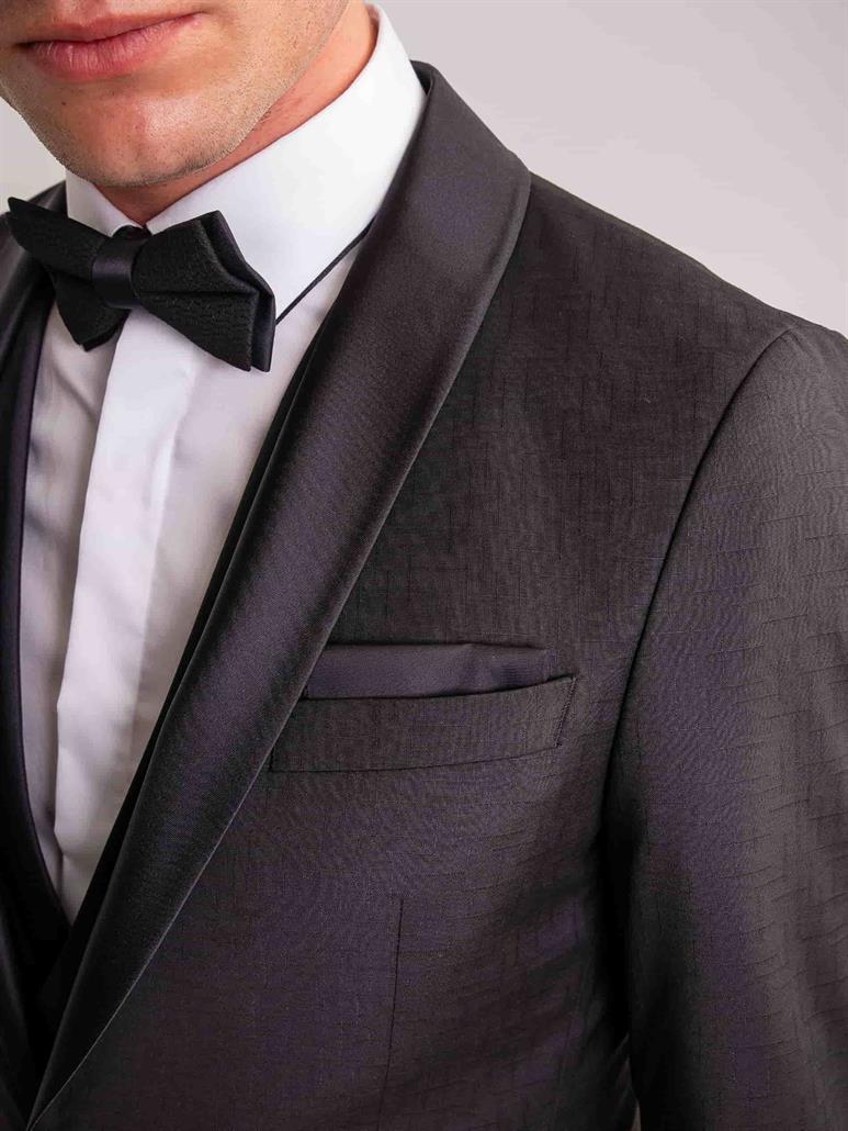 Siyah Erkek Modern Fit Çizgili Şal Yaka Smokin Takım 