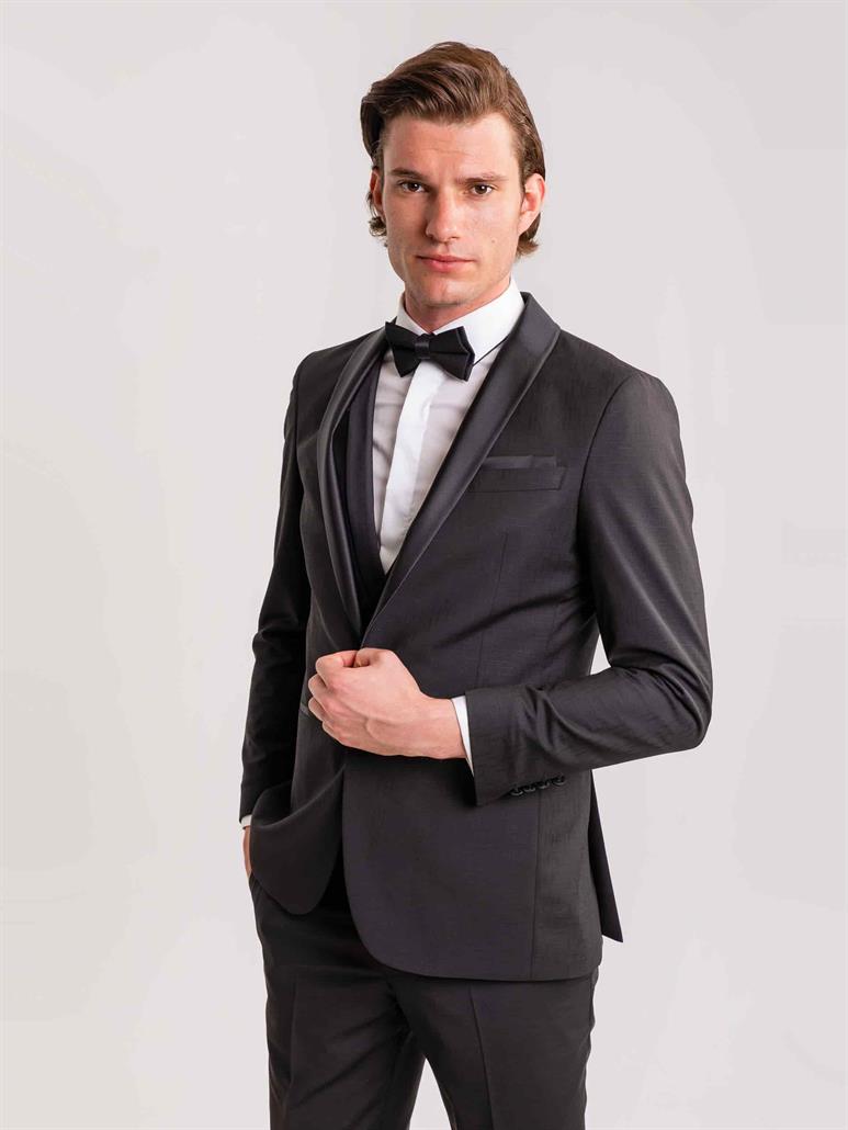 Siyah Erkek Modern Fit Çizgili Şal Yaka Smokin Takım 