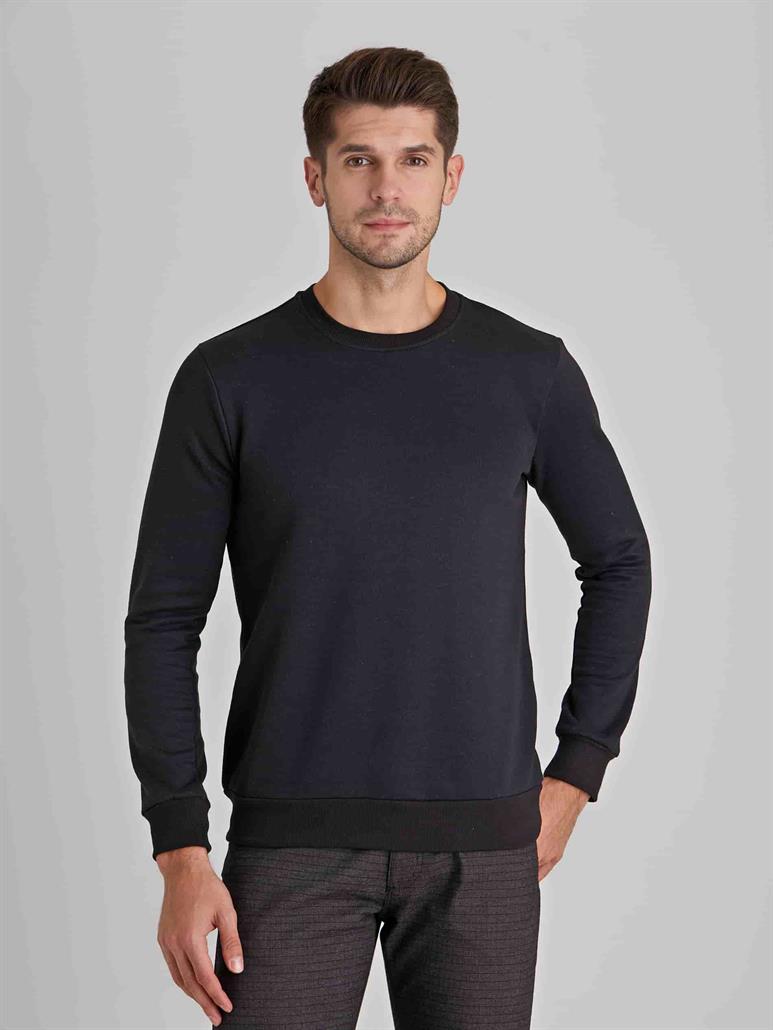 Siyah Erkek Regular Fit Düz Casual Yuvarlak Yaka Sweatshirt 