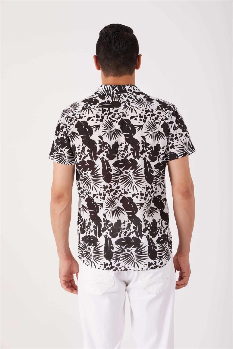 Siyah Erkek Regular Fit Çiçek Desenli Küba Yaka Kısa Kol Gömlek - 84290