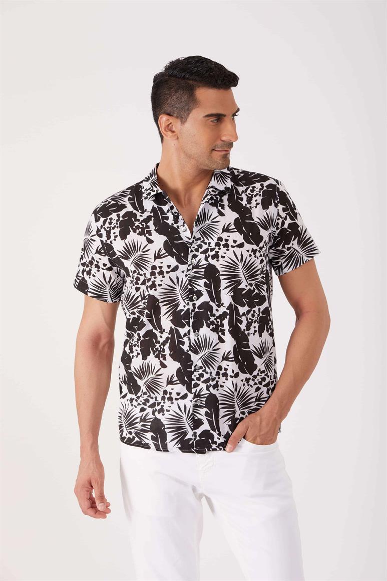 Siyah Erkek Regular Fit Çiçek Desenli Küba Yaka Kısa Kol Gömlek - 84290