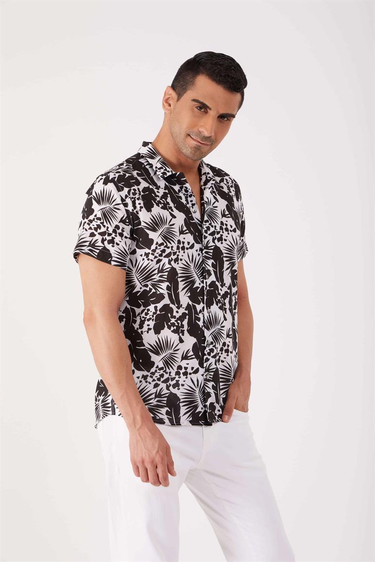 Siyah Erkek Regular Fit Çiçek Desenli Küba Yaka Kısa Kol Gömlek - 84290