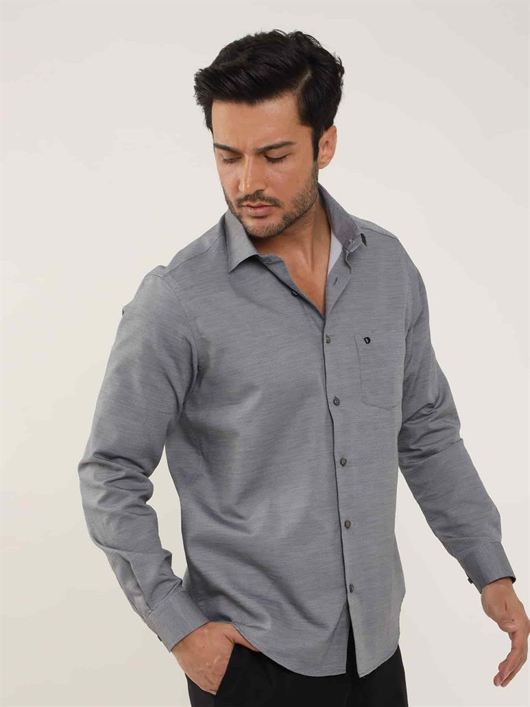 Siyah Erkek Regular Fit Melanj Desenli Brent Yaka Uzun Kol Gömlek 