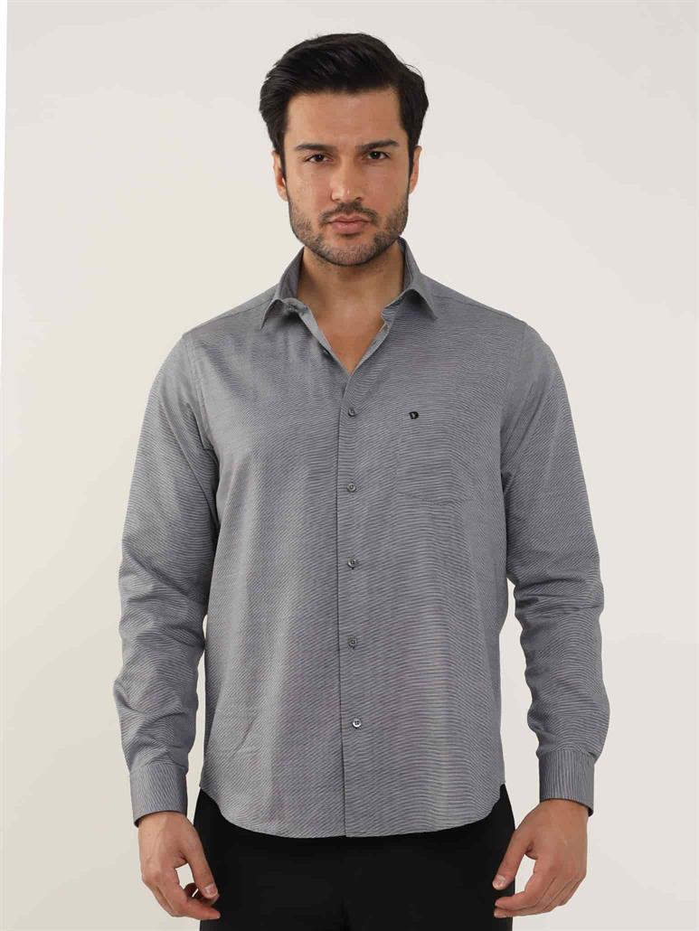 Siyah Erkek Regular Fit Melanj Desenli Brent Yaka Uzun Kol Gömlek 