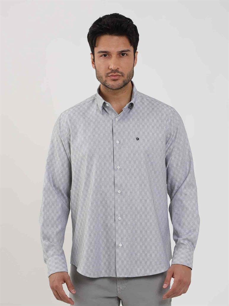 Siyah Erkek Regular Fit Desenli Düğmeli Yaka Uzun Kol Gömlek 