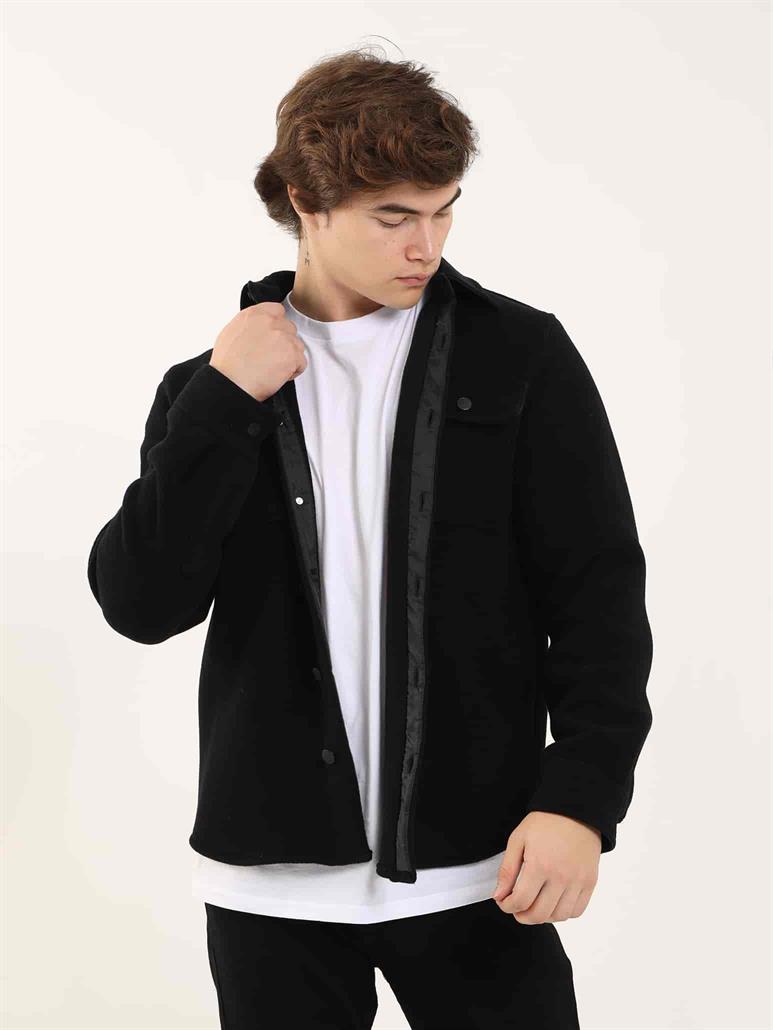 Siyah Erkek Regular Fit Düz Brent Yaka Uzun Kol Gömlek 