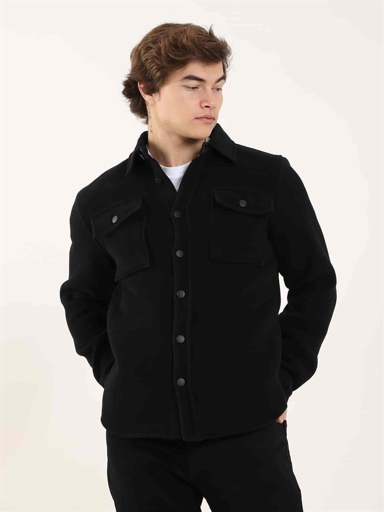 Siyah Erkek Regular Fit Düz Brent Yaka Uzun Kol Gömlek 