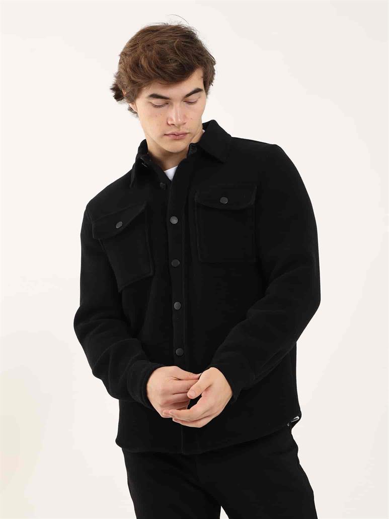 Siyah Erkek Regular Fit Düz Brent Yaka Uzun Kol Gömlek 