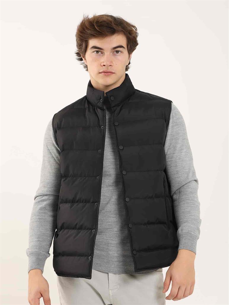 Siyah Erkek Regular Fit Düz Dik Yaka Şişme Yelek 