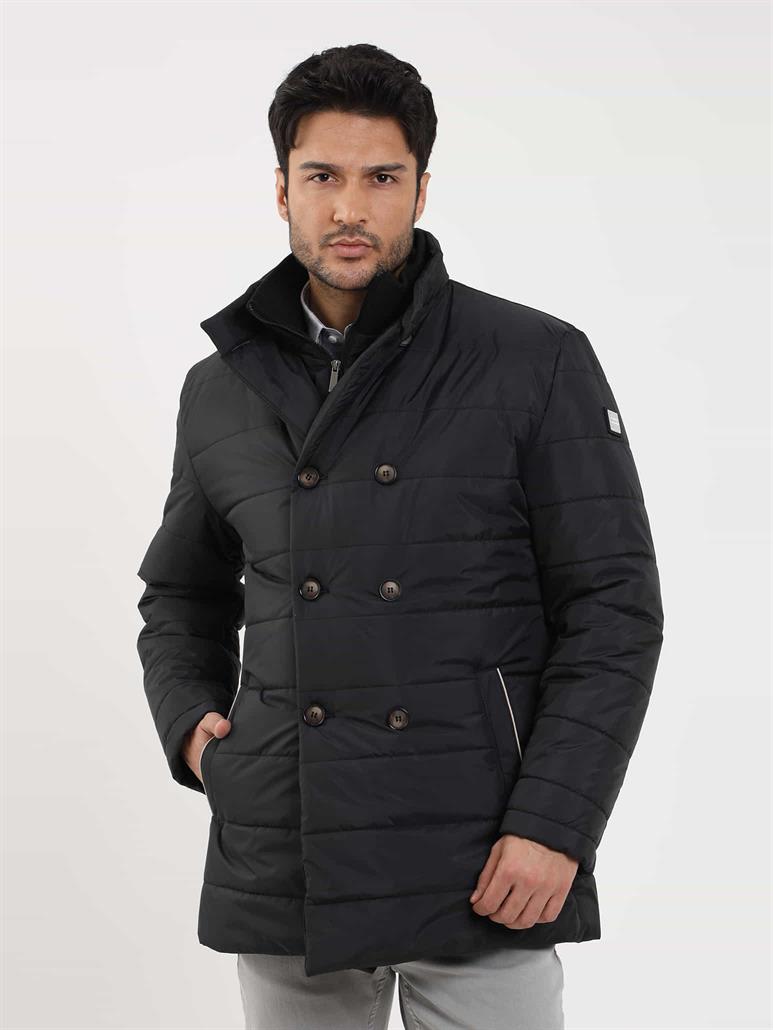 Siyah Erkek Regular Fit Düz Kapüşonlu Şişme Mont 