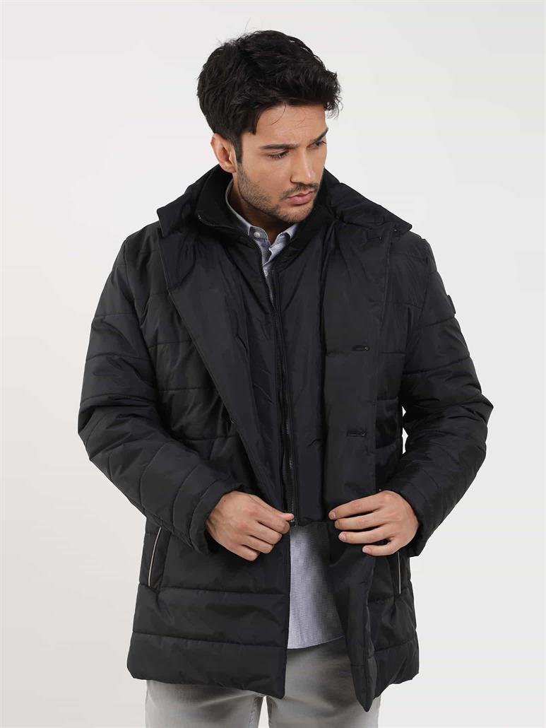 Siyah Erkek Regular Fit Düz Kapüşonlu Şişme Mont 
