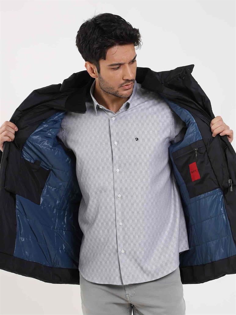 Siyah Erkek Regular Fit Düz Kapüşonlu Şişme Mont 