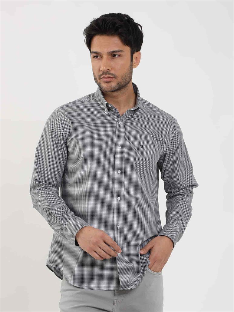 Siyah Erkek Regular Fit Pitikare Desenli Düğmeli Yaka Uzun Kol Gömlek 