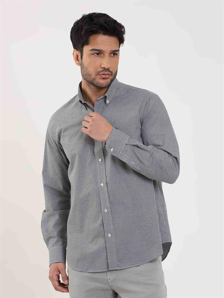 Siyah Erkek Regular Fit Pitikare Desenli Düğmeli Yaka Uzun Kol Gömlek 