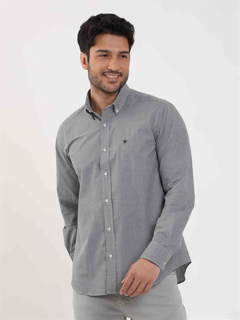 Siyah Erkek Regular Fit Pitikare Desenli Düğmeli Yaka Uzun Kol Gömlek 