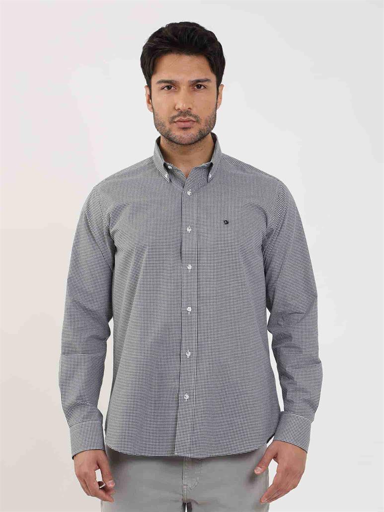 Siyah Erkek Regular Fit Pitikare Desenli Düğmeli Yaka Uzun Kol Gömlek 