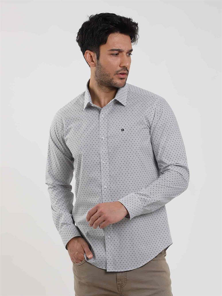 Siyah Erkek Slim Fit Pitikare Desenli Brent Yaka Uzun Kol Gömlek 