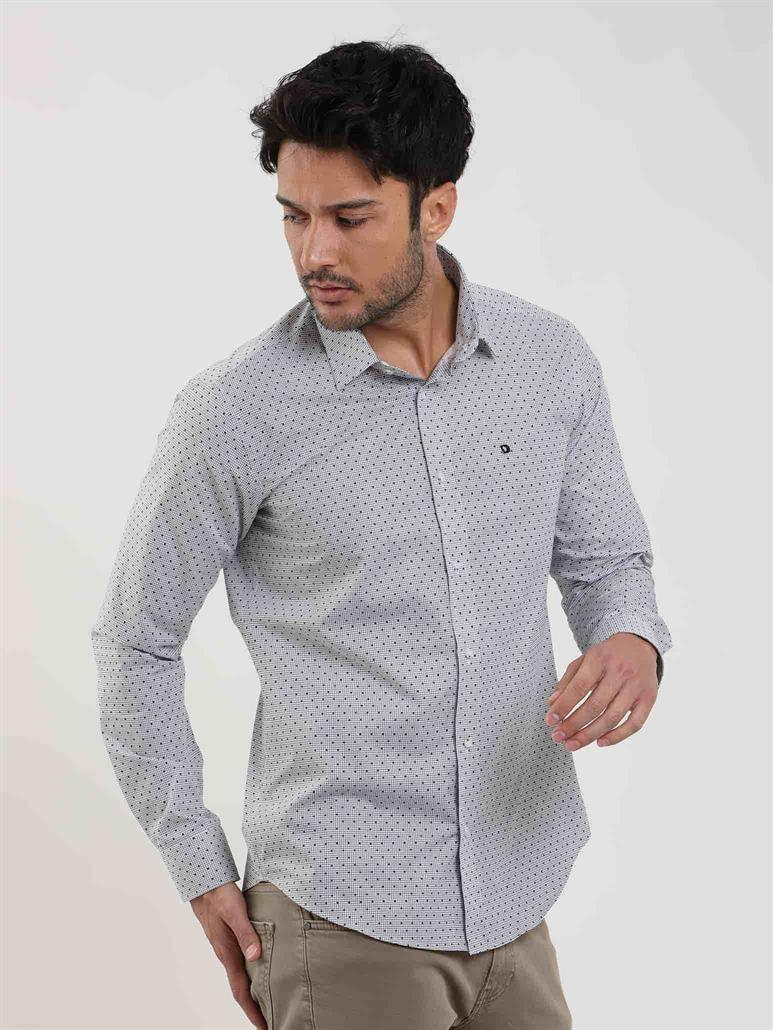 Siyah Erkek Slim Fit Pitikare Desenli Brent Yaka Uzun Kol Gömlek 