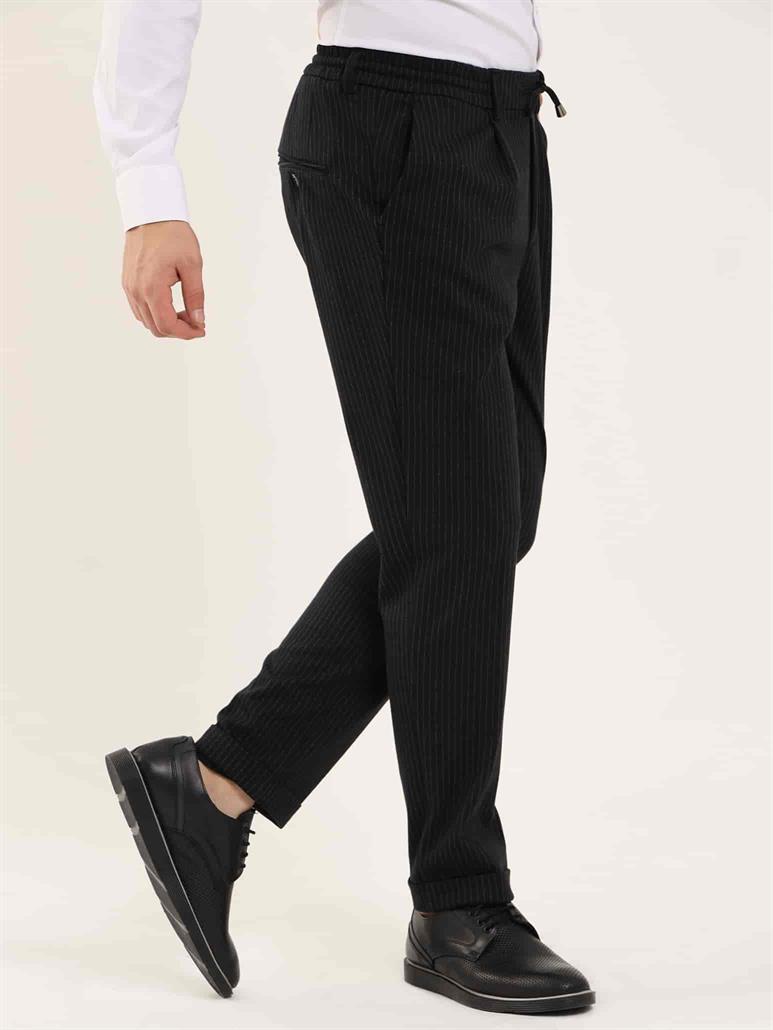 Siyah Erkek Slim Fit Çizgili Klasik Pantolon 