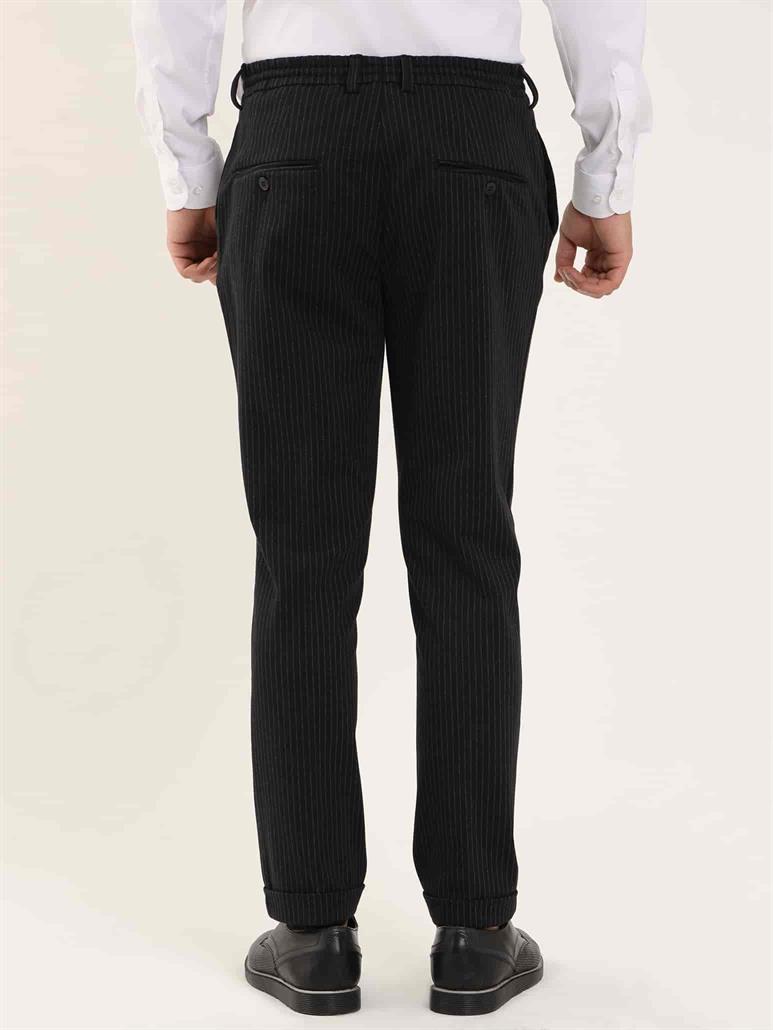 Siyah Erkek Slim Fit Çizgili Klasik Pantolon 