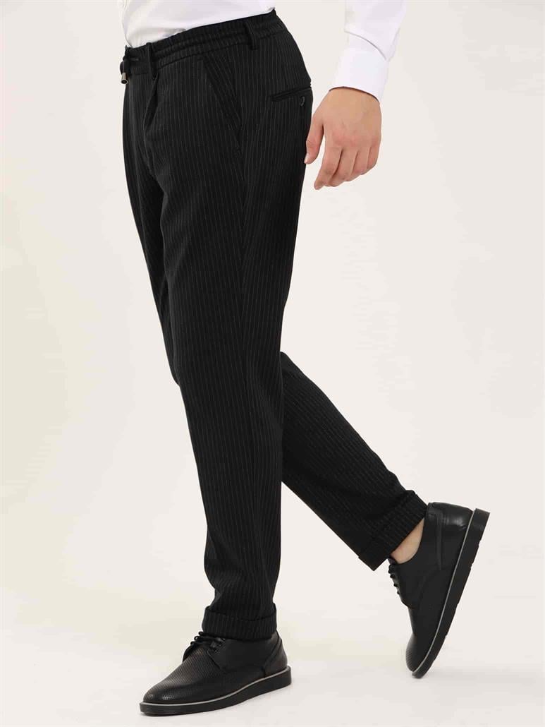 Siyah Erkek Slim Fit Çizgili Klasik Pantolon 