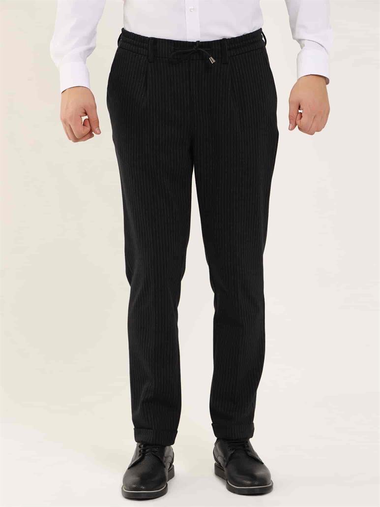 Siyah Erkek Slim Fit Çizgili Klasik Pantolon 