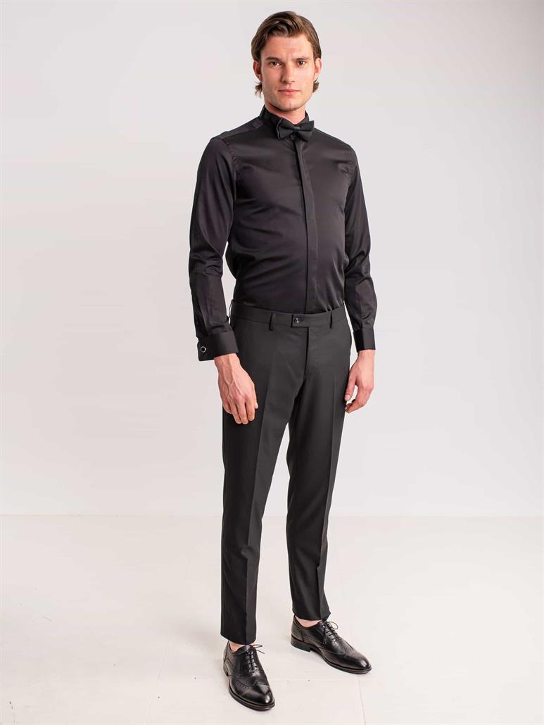 Siyah Erkek Slim Fit Düz Ata Yaka Uzun Kol Gömlek 