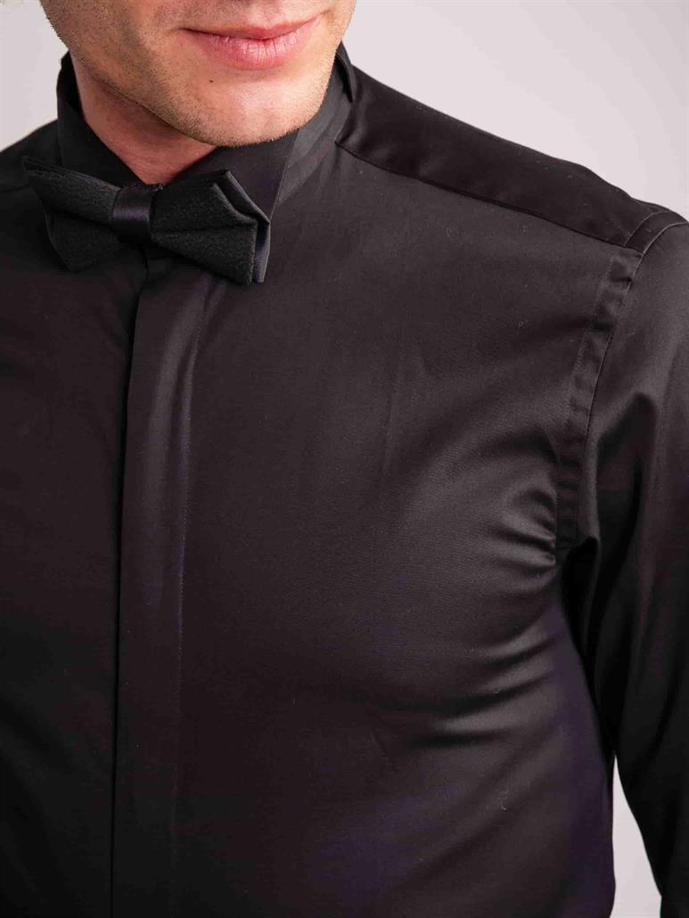 Siyah Erkek Slim Fit Düz Ata Yaka Uzun Kol Gömlek 