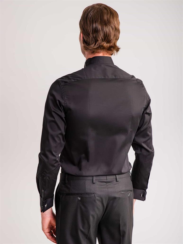 Siyah Erkek Slim Fit Düz Ata Yaka Uzun Kol Gömlek 
