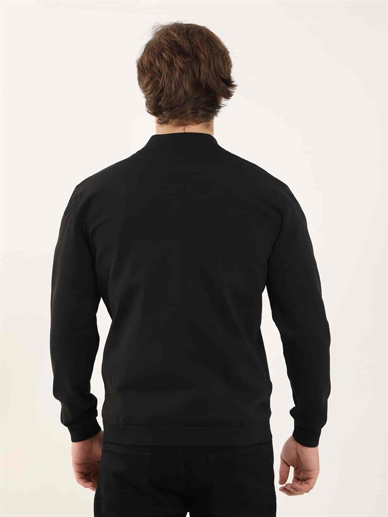 Siyah Erkek Slim Fit Düz Bomber Yaka  Triko 