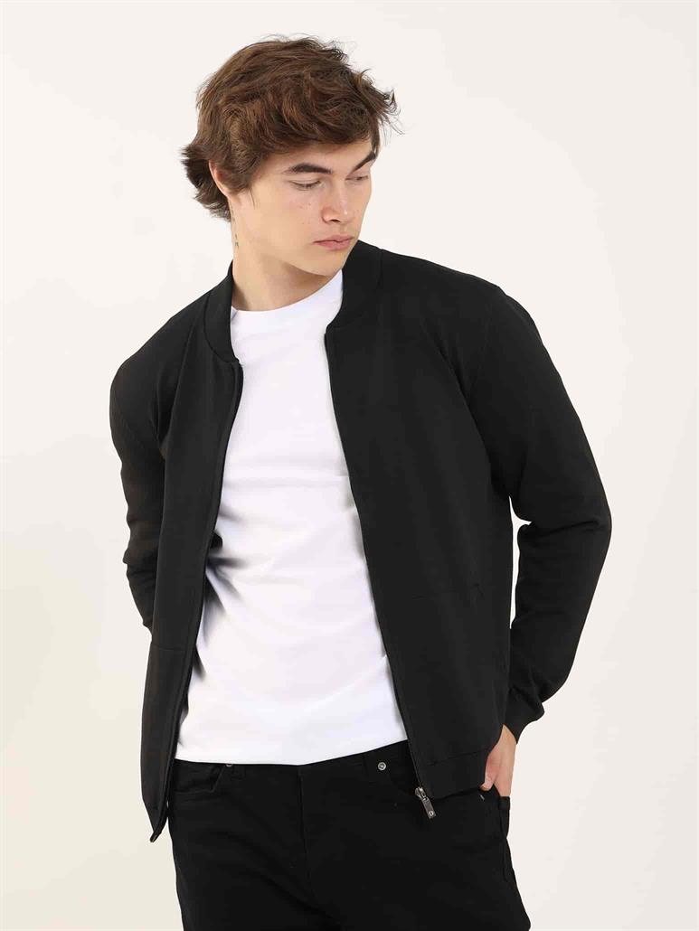 Siyah Erkek Slim Fit Düz Bomber Yaka  Triko 
