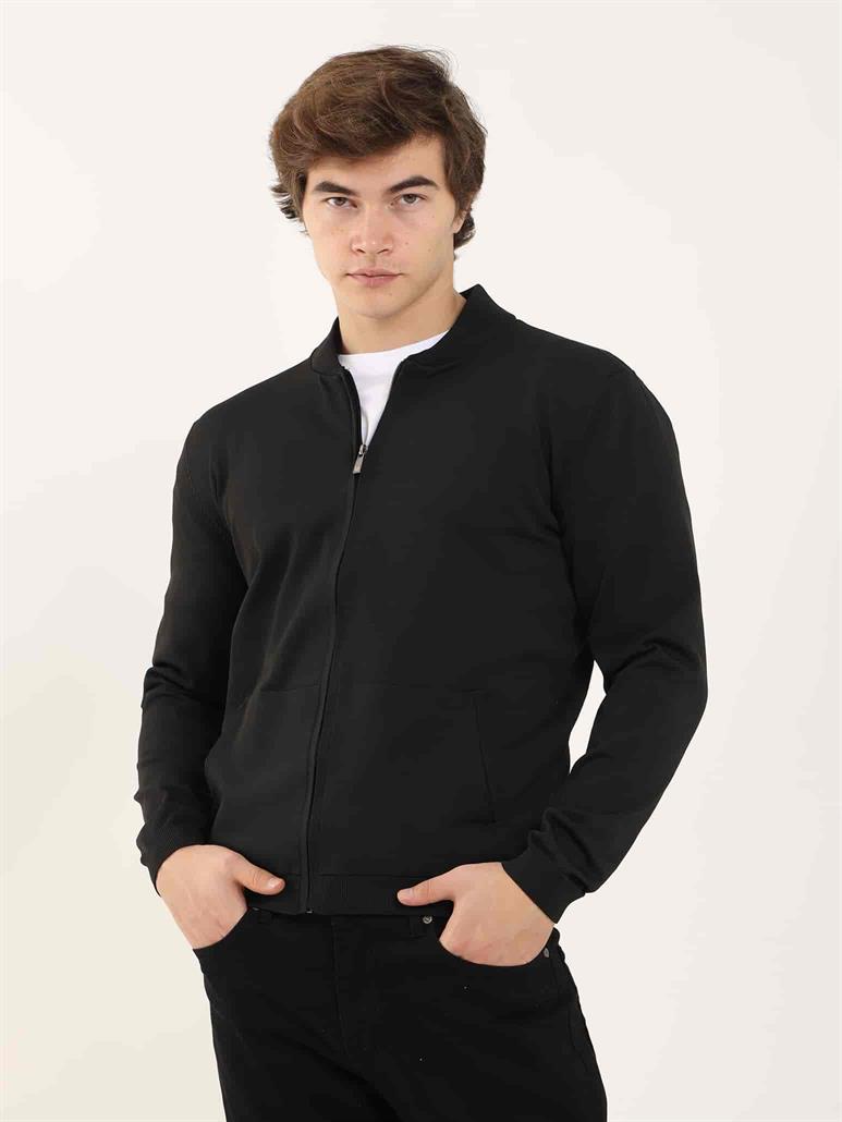 Siyah Erkek Slim Fit Düz Bomber Yaka  Triko 