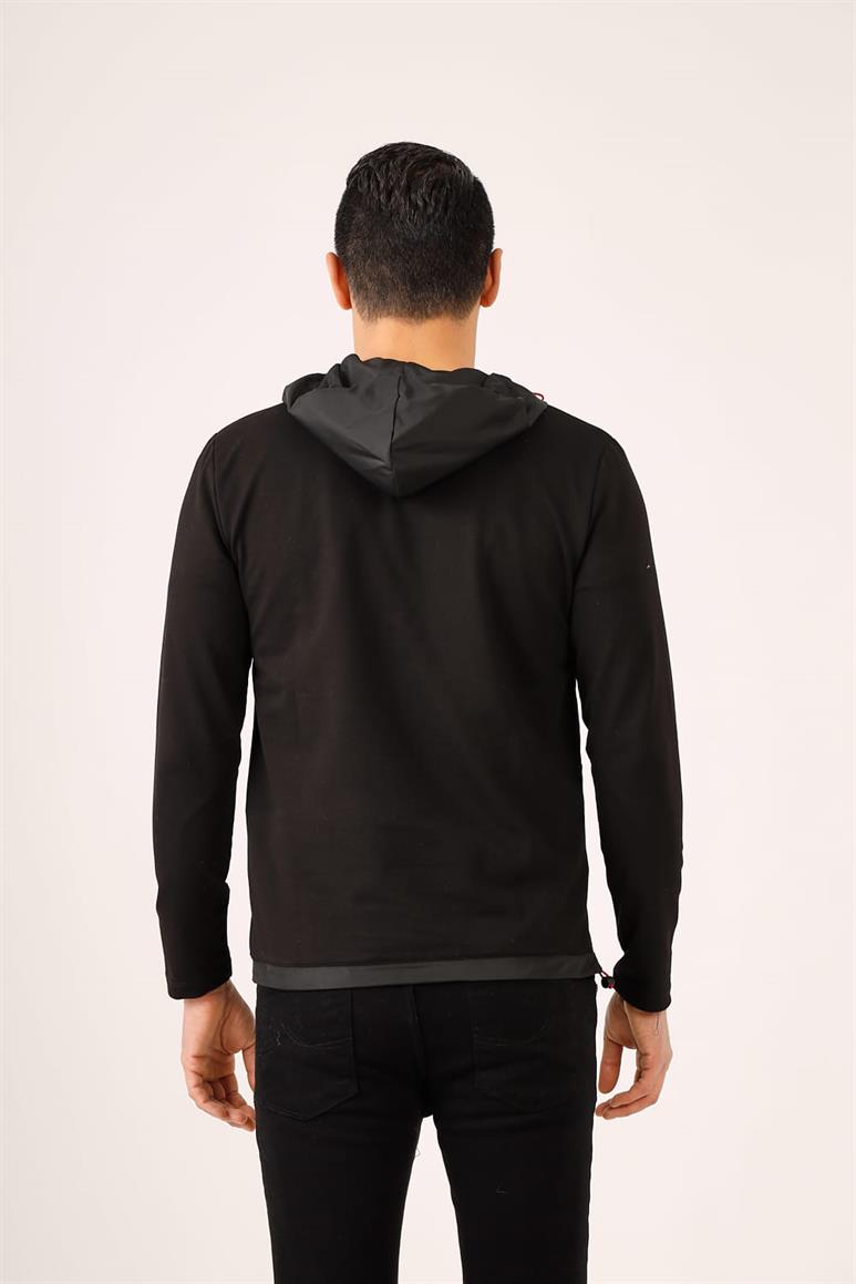 Siyah Erkek Slim Fit Düz Fermuarlı Kapüşonlu Sweatshirt 