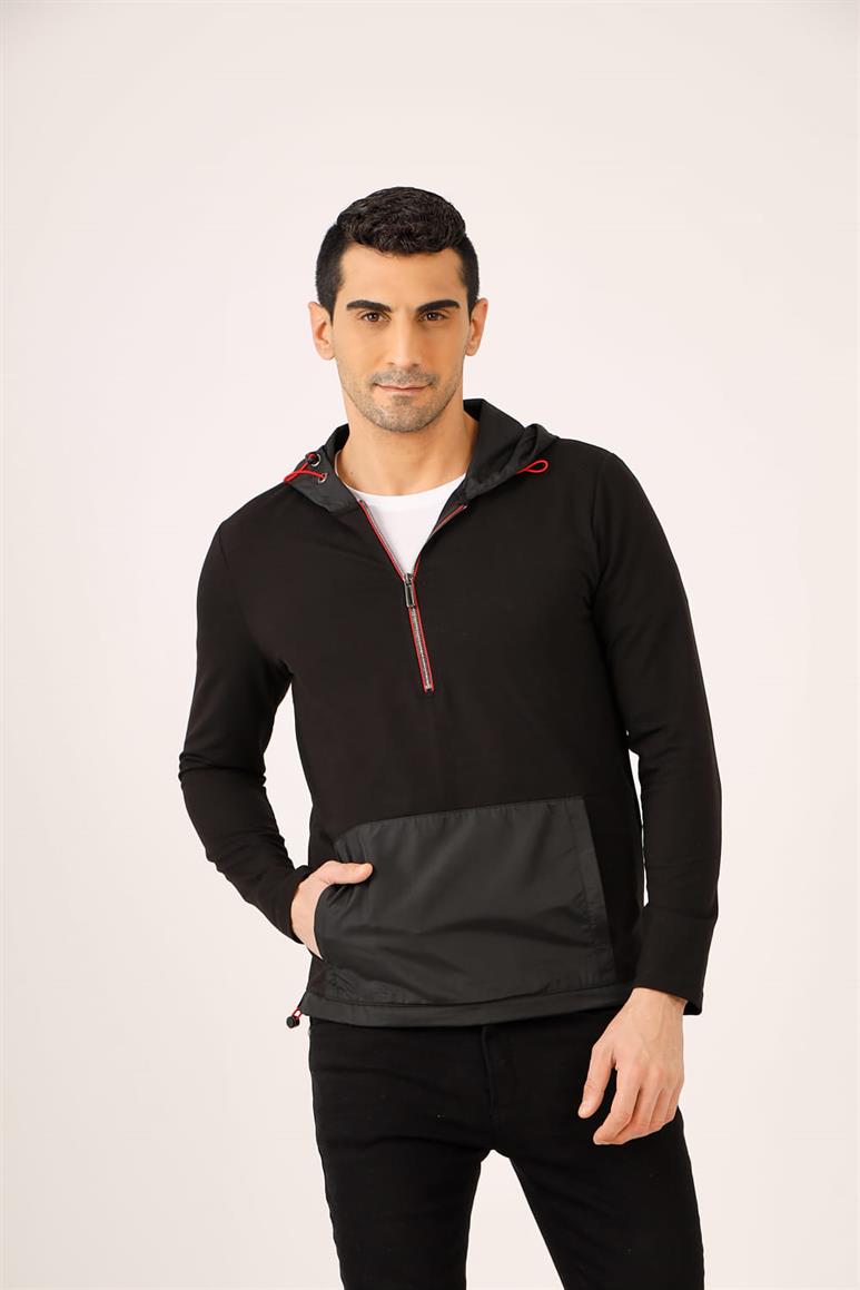 Siyah Erkek Slim Fit Düz Fermuarlı Kapüşonlu Sweatshirt 