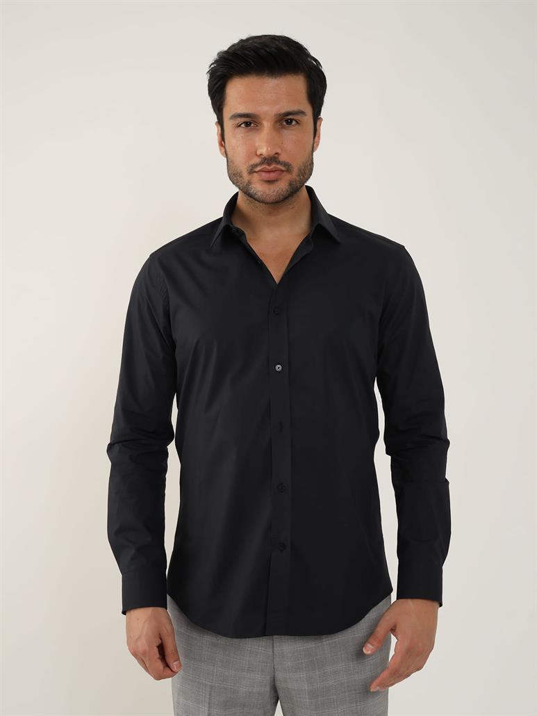 Siyah Erkek Slim Fit Düz Klasik Yaka Uzun Kol Gömlek 