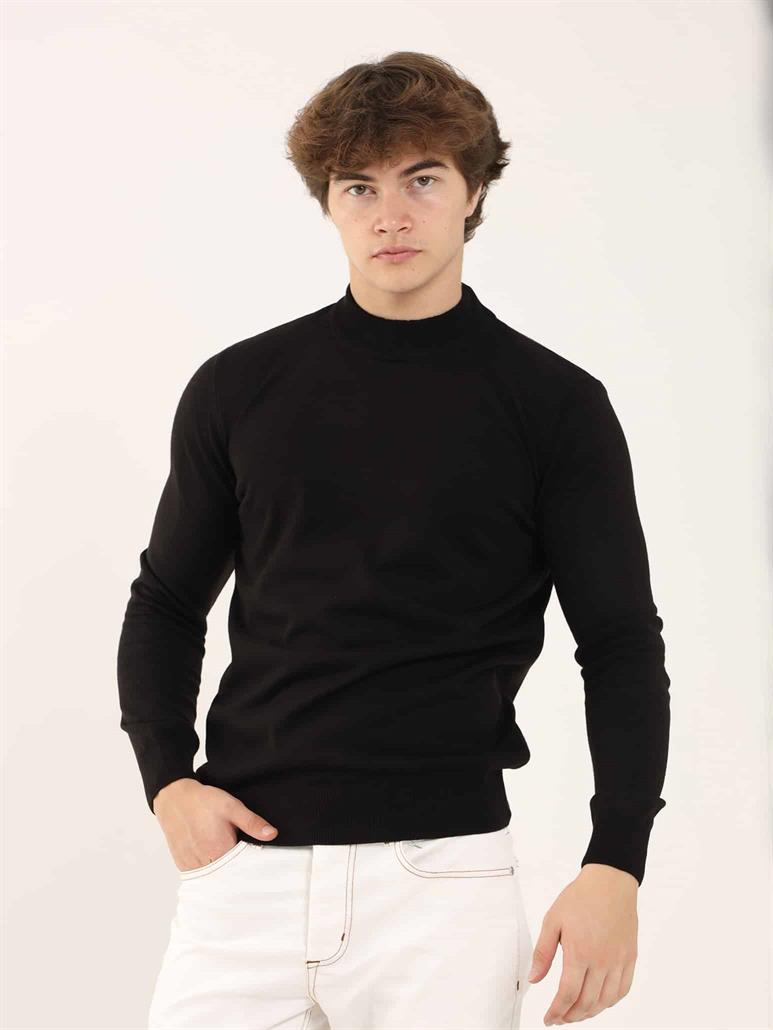 Siyah Erkek Slim Fit Düz Klasik Yarım Balıkçı Yaka Triko 