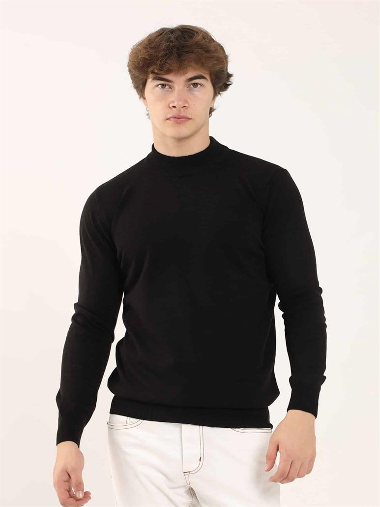 Siyah Erkek Slim Fit Düz Klasik Yarım Balıkçı Yaka Triko 