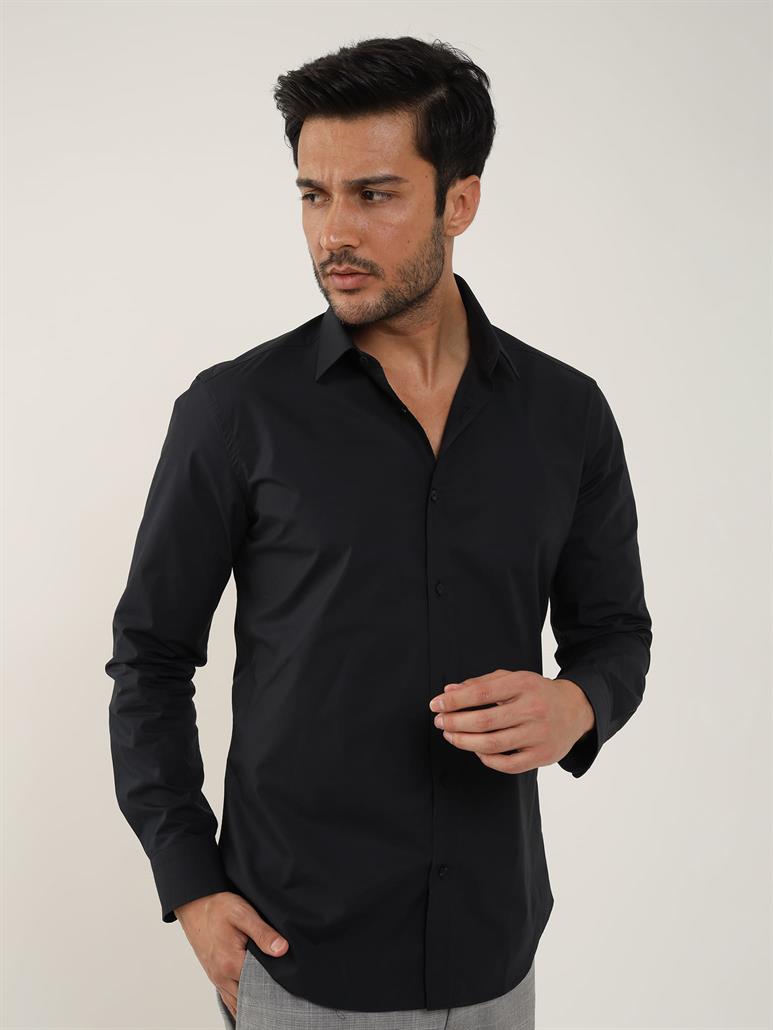 Siyah Erkek Slim Fit Düz Klasik Yaka Uzun Kol Gömlek 