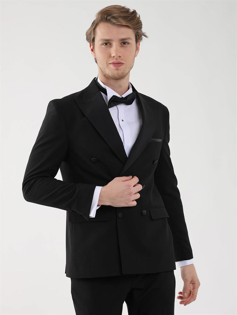 Siyah Erkek Slim Fit Düz Sivri Yaka Smokin Takım 