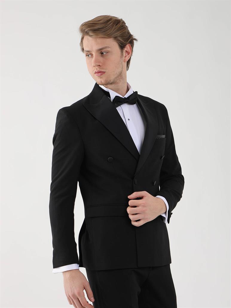 Siyah Erkek Slim Fit Düz Sivri Yaka Smokin Takım 