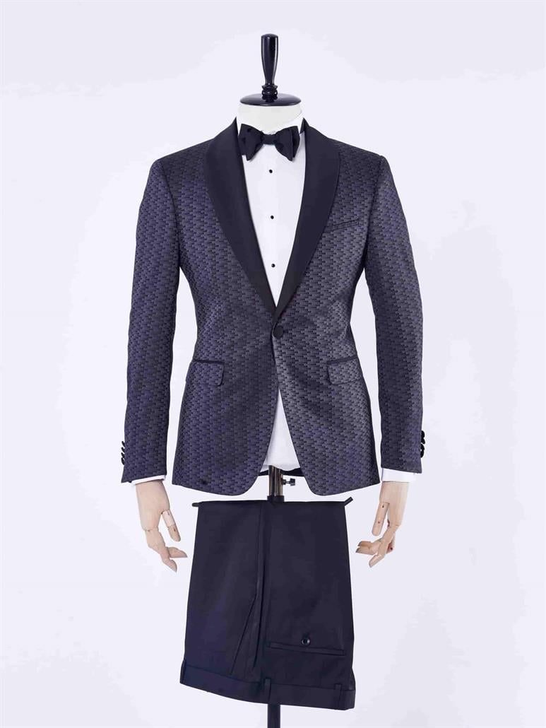 Siyah Erkek Slim Fit Jakarlı Saten Çıkma Şal Yaka Smokin Takım 