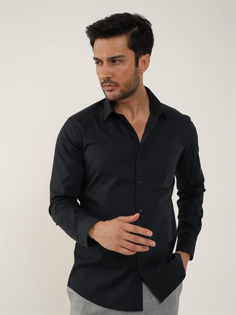 Siyah Erkek Slim Fit Düz Klasik Yaka Uzun Kol Gömlek 