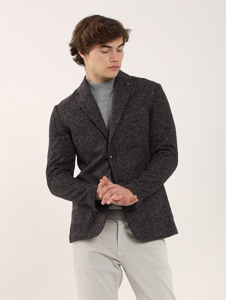 Siyah Erkek Slim Fit Melanj Desenli Casual Mono Yaka Ceket 